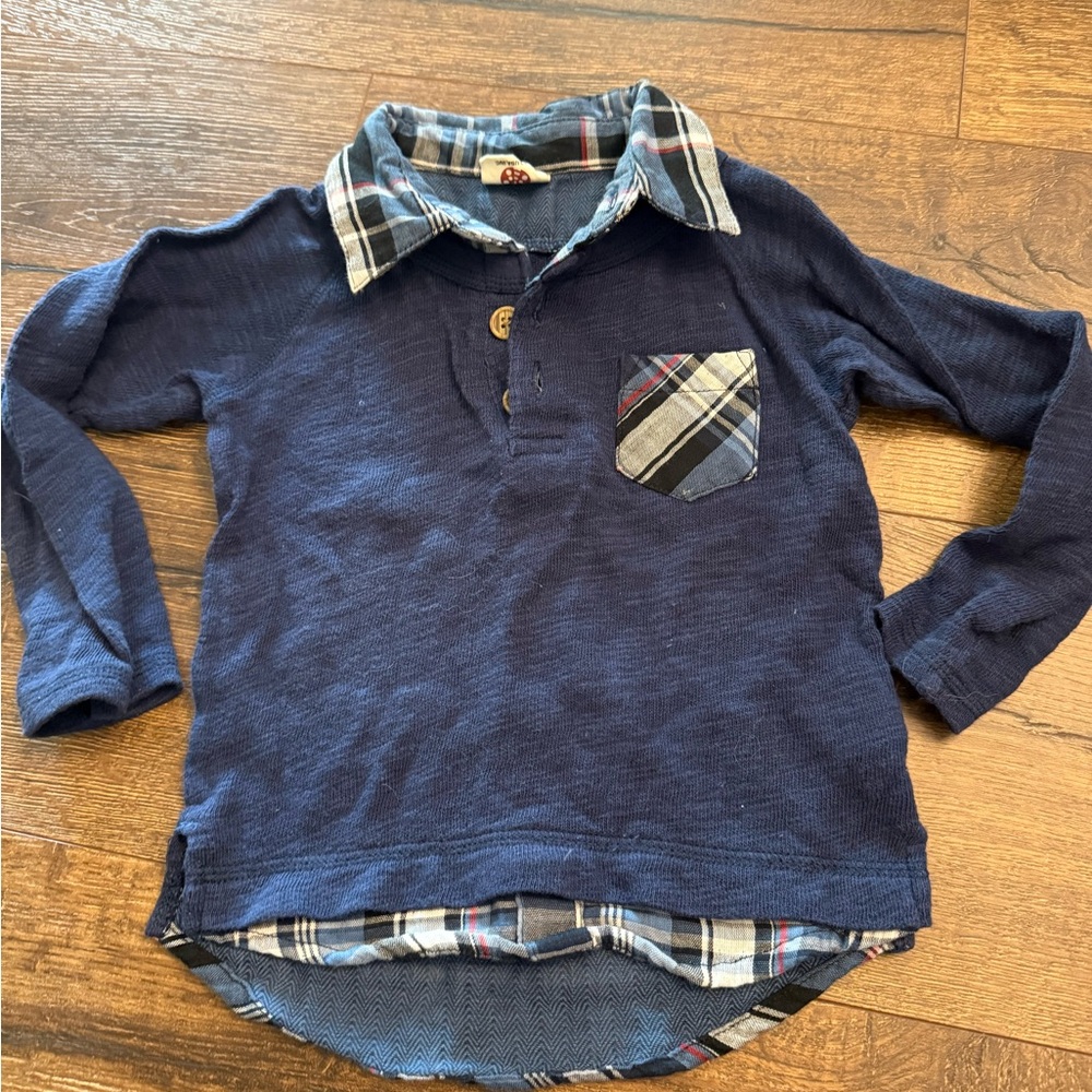 Bit’z‎ kids boutique Blue Button Down Shirt with Plaid Collar Layered Look 2-3